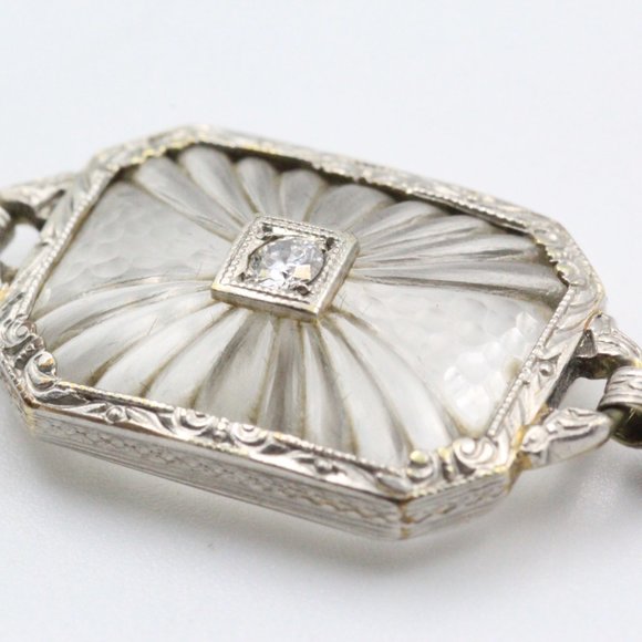 Antique Art Deco Platinum Diamond 14K Gold Frosted Rock Quartz Crystal Bracelet - Picture 7 of 16